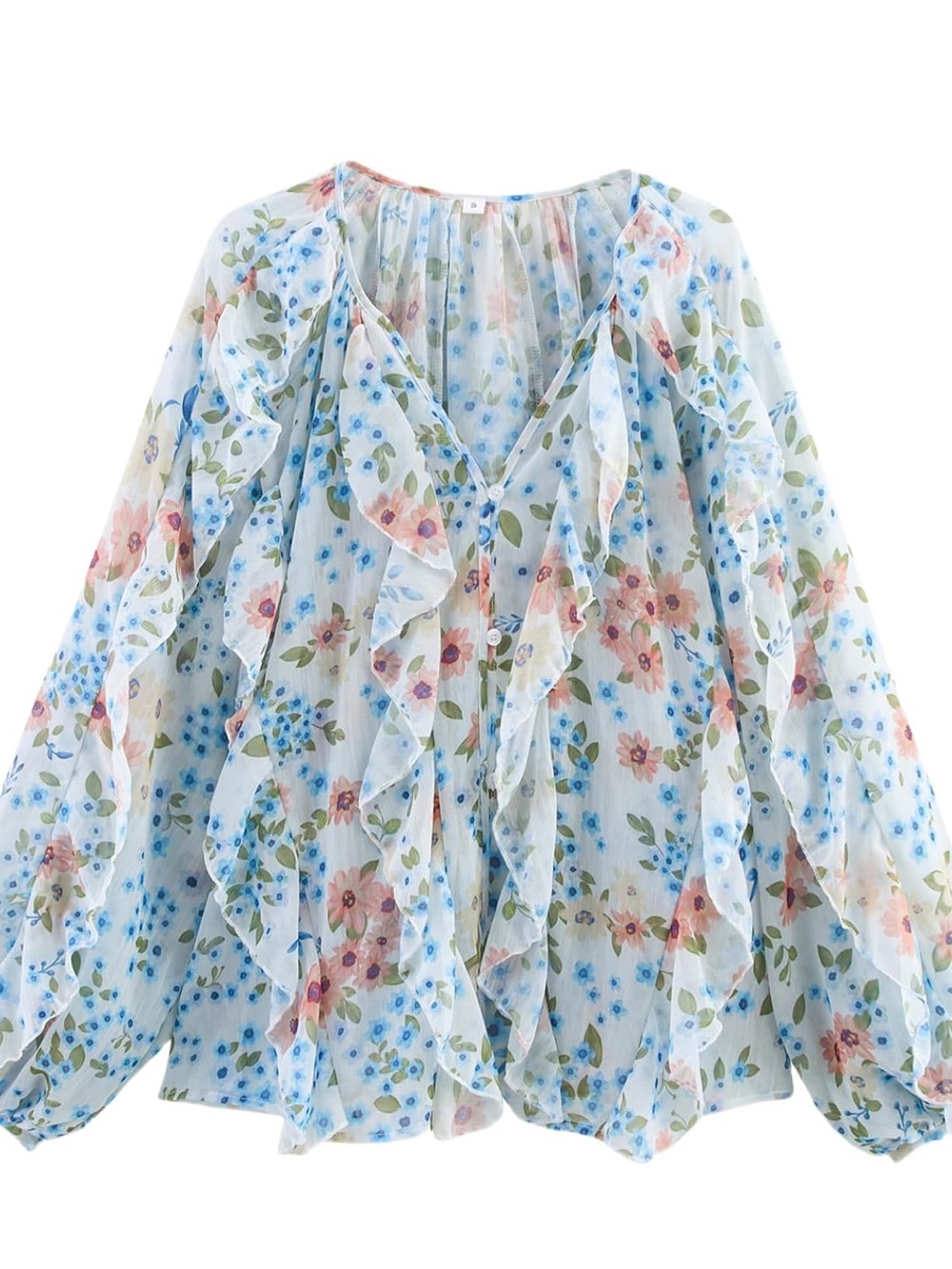 Floral Ruffle V-Neck Blouse - Light Blue